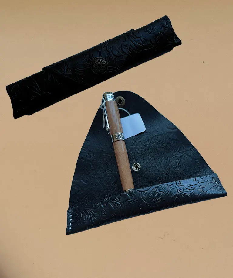 Rolled Pen Case in Tooled Leather (Black)