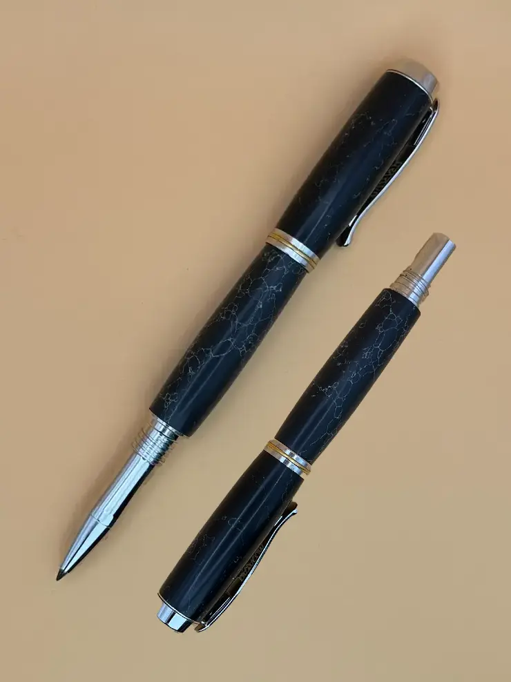 Rollerball Pen in Black Marble & Rhodium